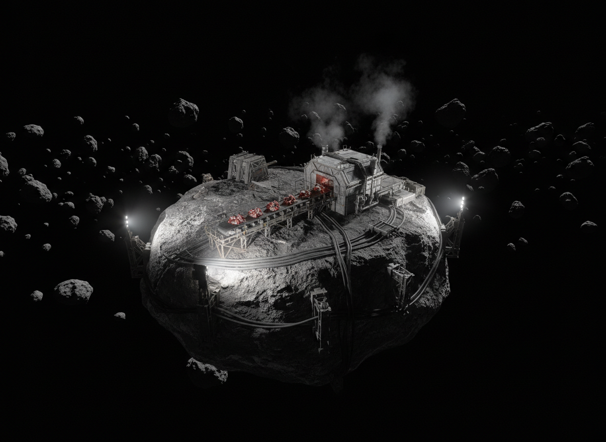 A dimly lit asteroid mining outpost carved into the side of a large, irregular rock, with exposed support struts and anchored processing modules clinging to the regolith. A conveyor system feeds fragmented ore toward a compact refinery whose vents emit a faint, silvery vapor that disperses into space. In the background, a dense asteroid belt stretches into the distance, each rock sharply rendered against the black void. Directional floodlights mounted along the facility cast hard-edged beams, creating pools of illumination and deep pockets of darkness. Photographic realism, framed from a low, off-axis angle to emphasize the precariousness of the installation. The overall mood is gritty, industrial, and highly believable, supporting the hard sci‑fi theme of resource extraction in deep space.
