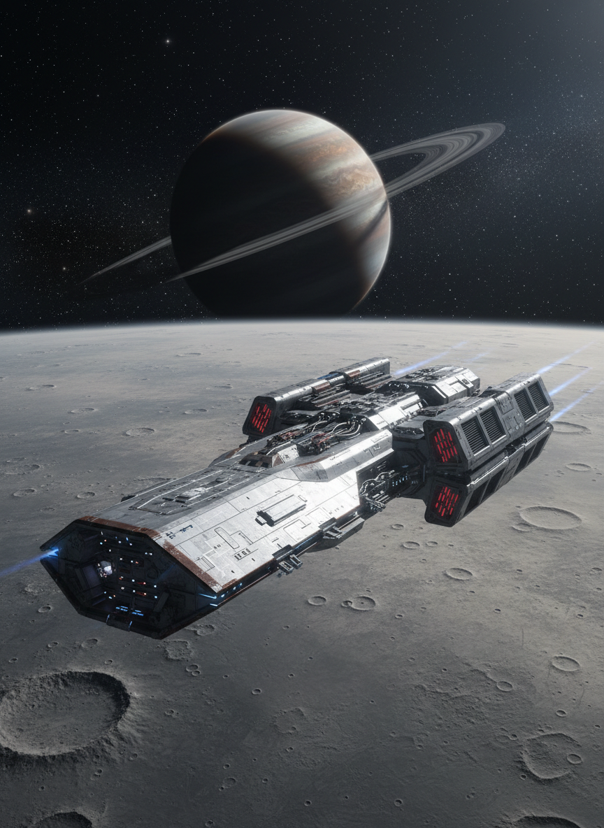 A sleek, silver interstellar starship with hardened, angular hull plating and visible heat-scoring along its edges drifts above a barren, cratered exoplanet. Tiny navigation thrusters emit faint blue ion trails, and the ship’s modular sections reveal exposed conduits and radiators glowing a dull red. In the distance, a ringed gas giant looms against a backdrop of dense, sharp stars. Cold, hard starlight casts stark highlights and deep shadows across the metal surfaces, emphasizing realism and engineering detail. Photographic realism, captured from a three-quarter elevated angle with a wide lens, sharp focus throughout, and a clean, professional composition suitable for a hard sci‑fi author’s portfolio homepage hero image.