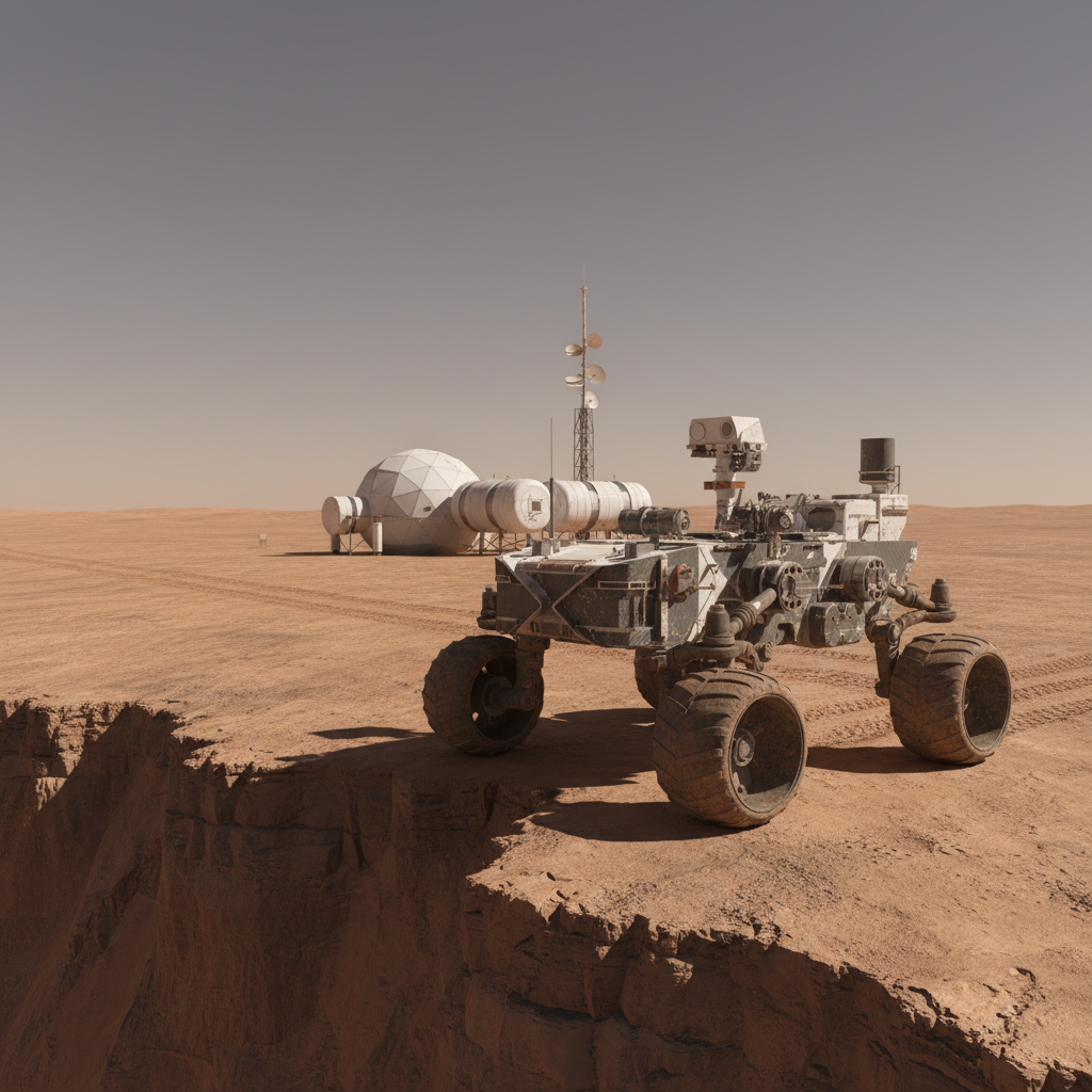 A rugged, dust-streaked planetary rover with articulated suspension, carbon-fiber panels, and visible instrument clusters is parked at the edge of a jagged canyon on Mars-like terrain. Its wheels are half-buried in fine, rust-colored regolith, with subtle tire tracks leading from the horizon. Behind it, a modular habitat dome and vertical communication mast stand against a stark, cloudless sky. The scene is lit by harsh, high-noon sunlight, creating crisp shadows and accentuating every bolt and sensor. Photographic realism, shot at eye level with the rover in the foreground and the canyon plunging away behind, using rule-of-thirds framing and moderate depth of field to convey isolation, precision, and scientific authenticity.